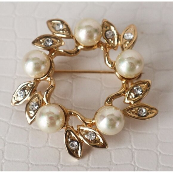 Mid-Century Modern Gold Tone Brooches Set Of 5 W/ Pearl & Rhinestone Accents - Picture 3 of 8